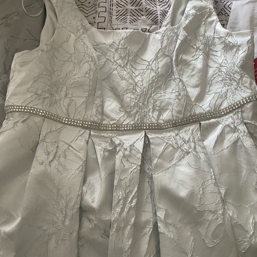 white silver embroidered dress with rinestone belt